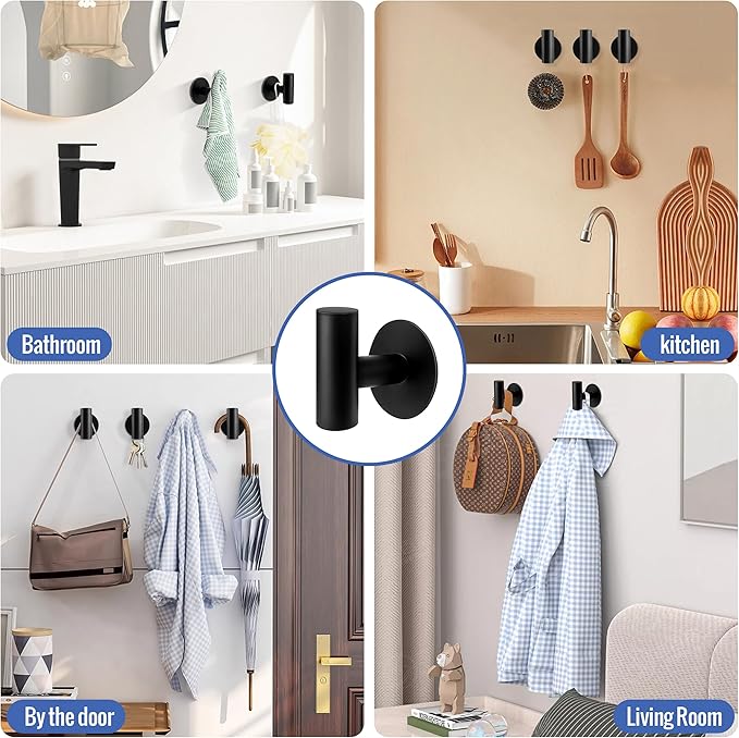 Adhesive Towel Hooks, Black SUS 304 Stainless Steel Hooks, Heavy Duty Waterproof Wall Hooks, Self Adhesive Coat Robe Hooks for Bathrooms Kitchen Wall Mounted (Black, 2 Pcs)