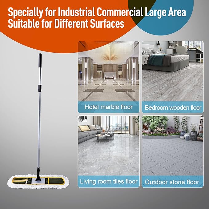 24" Commercial Dust Mop for Floor Cleaning, Heavy Duty Floor Mop with 59” Extendable Long Handle, Hotel Gym Garage Hospital Household Cleaning Supplies for Hardwood, Tiles, Marble Floors