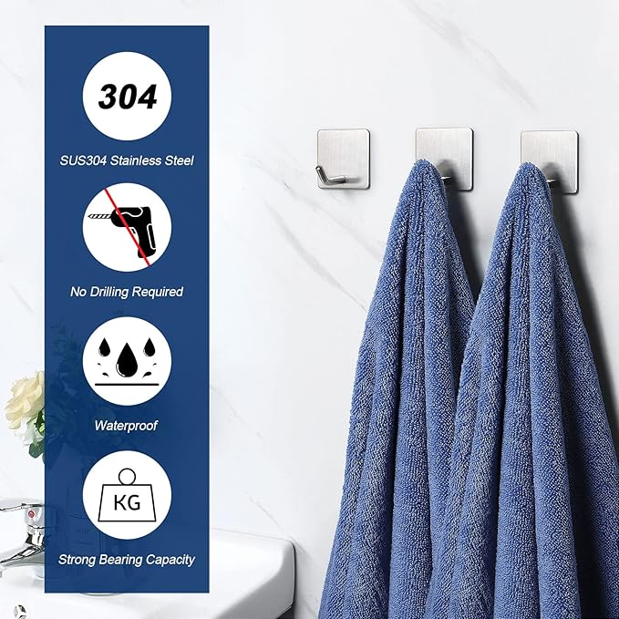 NearMoon Adhesive Hooks- Heavy Duty Bath Wall Hooks Waterproof Stainless Steel Towel Hangers Stick on Wall Clothes Holders for Bathroom Kitchen Home, 5 Pack (Brushed Nickel)