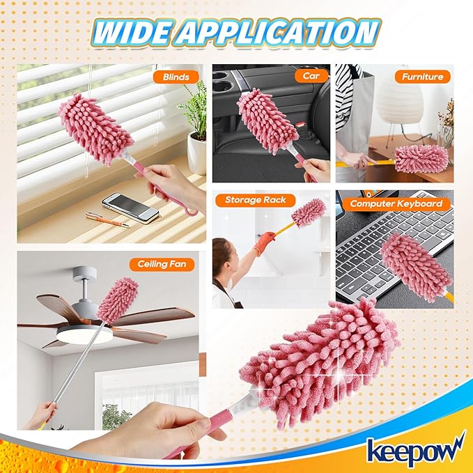 KEEPOW 6 Pack Pink Duster Refills Compatible with Swiffer Duster Handle, Reusable Microfiber Pads Compatible with Swiffer Heavy Duty Dusters, 360 Dusting for Cleaning Window(Handle is Not Included)