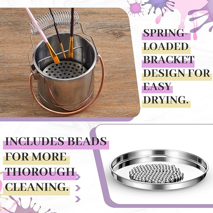 Skybooly 2 Pcs Paint Brush Cleaner Set Stainless Steel Double Dipper Palette Cup Paint Brush Portable Washer Holder for Oil Cleaner Kits(Straight Shape,Jumbo)