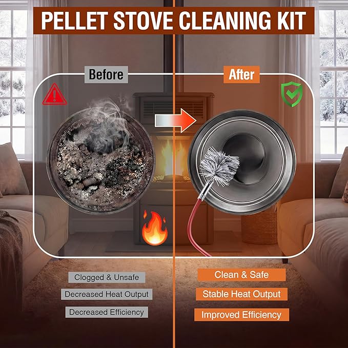 Feekoon Pellet Stove Cleaning Kit, 10 FT Flexible Steel Rod with 3" & 4" Brush Head, Flue Detail Cleaner, Pellet Stove Accessories for Vent Pipes Cleaning - Reduce Buildup & Improve Airflow