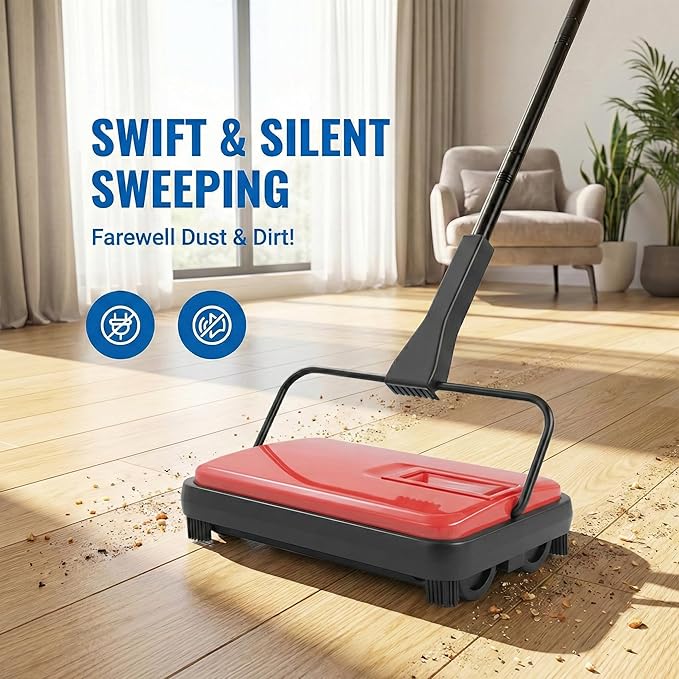 Manual Carpet Sweeper, Electric-Free Quiet Floor Sweeper with 300ml Easy-Empty Dustbin, 6.7” Cleaning Width for Pet Hair, Crumbs, Dust on Carpets, Hardwood, Tile - Home & Office Use (Red)