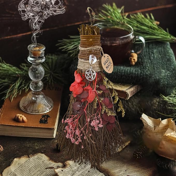 Cinnamon Broom 7.5 Inch Witch Broom for Altar Magic Crystal Handmade Mini Cinnamon Broomstick Scented Natural Herbal Protection Witchcraft Supplies for Wiccan Décor Witchy Gifts (Red)