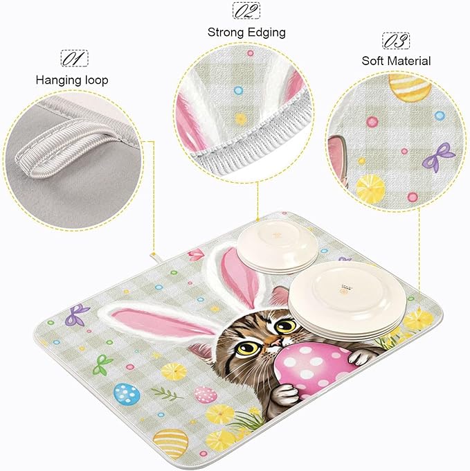 Happy Easter Day Pink Dish Drying Mat Quick Absorbent 16x18 Easter Bunny Rabbit Eggs Butterfly Lily Flowers Kitchen Drying Mat for Countertop Sink Reusable Dishes Mats Kitchen Essentials