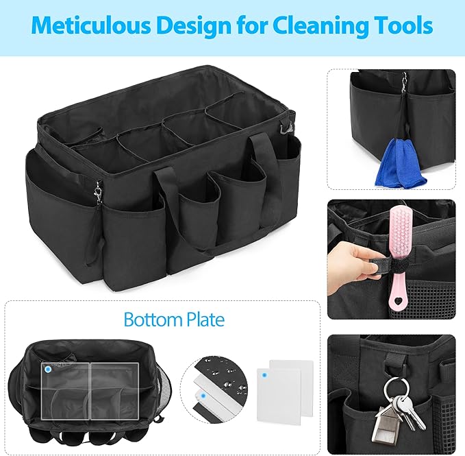 Extra-Large Cleaning Caddy, Organizer with Handles for Cleaning Tools & Products Storage, Large Capacity Tote Bag for Car, Home & Housekeeping Work, Black