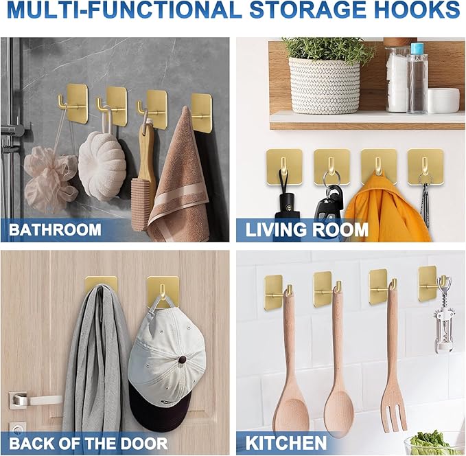 Adhesive Hooks for Bathrooms, 4 Piece Towel Hooks for Hanging Hat Robe Coat, Stick on Hooks for Kitchens, Strong Self-Adhesive No Damage Waterproof Stainless Steel Sticky Hook (Gold)