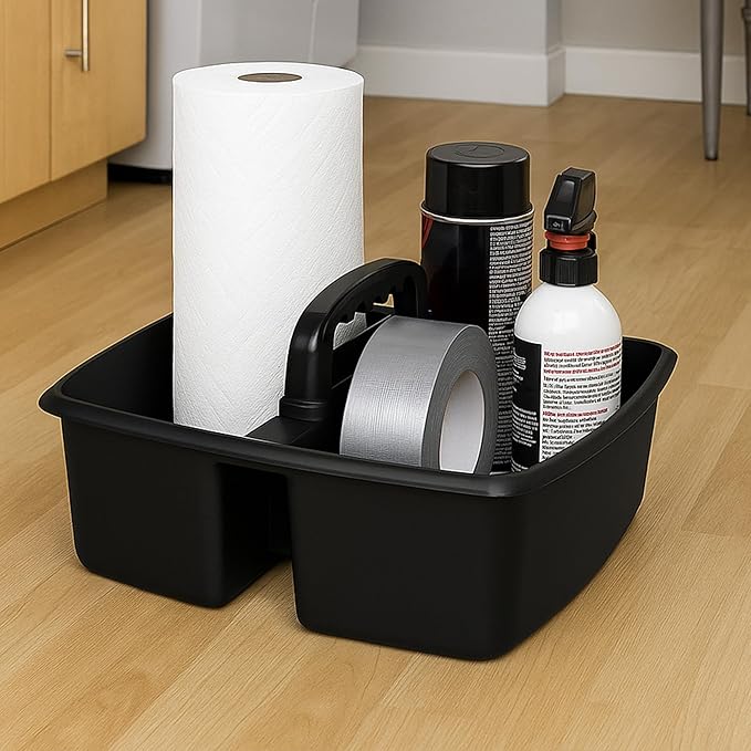 Storex 2-Compartment Large Cleaning Caddy – Multipurpose Supply Organizer with Handle, Black, 1-Pack (00973C06C)