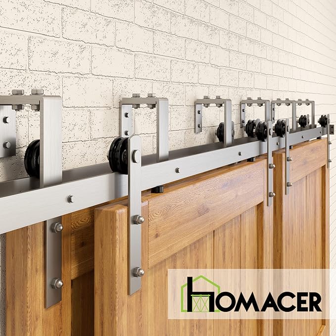 Homacer Brushed Nickel Double Track U-Shape Bypass Sliding Barn Door Hardware Kit, for Four Doors, 9ft Long Flat Track, Straight Design Roller