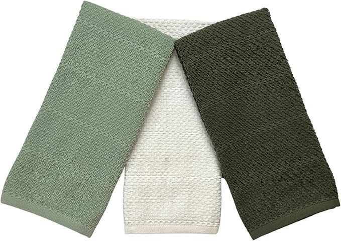 Sage White Dark Green Kitchen Hand Dish Towels: Oversized 28" x 18",100% Cotton Cloth Soft Cleaning Drying Absorbent Textured Design, Set of 3 Multipurpose for Everyday Use (Natural Collection)