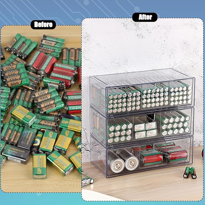 BTSKY 3 Pack Clear Acrylic Battery Storage Organizer for AA, AAA, 9V, C, D Batteries, 3-Drawer Storage Box Battery Holder for Common Types Batteries, Household Container(Batteries Not Included)