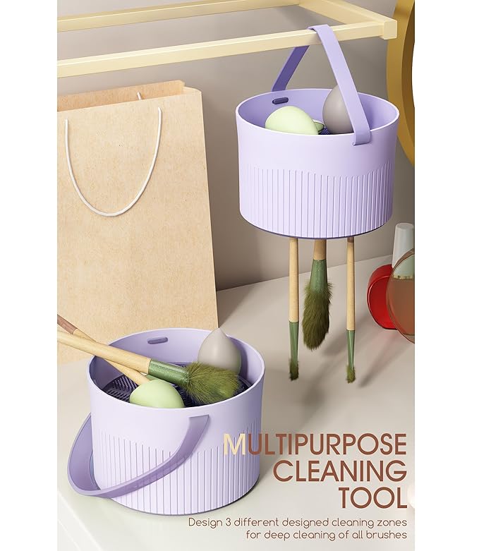Makeup Brush Cleaner Bowl Rack 3 in 1, Silicone Cleaning Tool with Drying Holder Mat, Organizer Makeup Brush Storage Air Dry Case (purple)