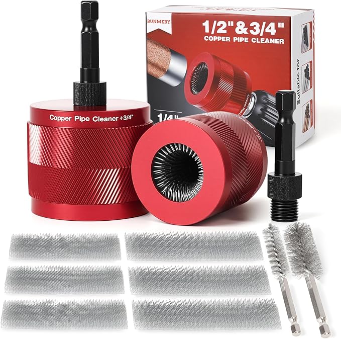1/2" & 3/4" Copper Pipe Cleaner Set for Drill, with 1/4" Hex Shank & 6 Brush Blades & 2 Pipe Cleaning Brush, Plumbing Tools for Removing Rust, Stains & Paint from Copper & Metal Pipes, Red