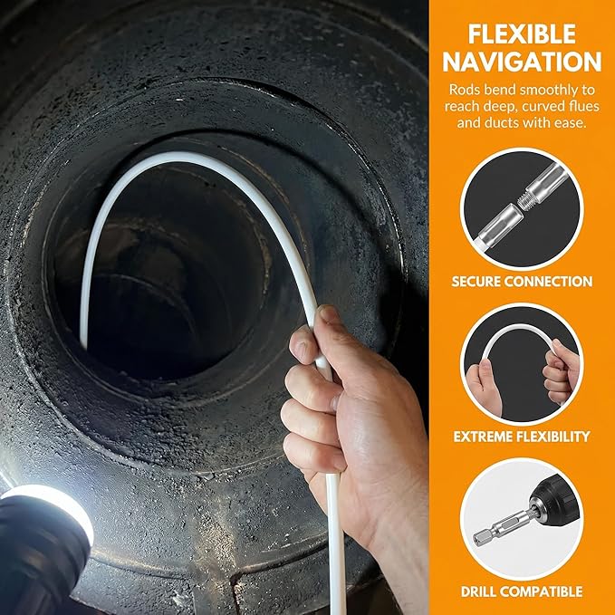 20feet Chimney Sweep Kit with 15 Flexible Rods, Dual Brush Heads (3. 9" & 5. 9") for Efficient Fireplace & Stove Pipe Cleaning, Professional Grade Soot Remover for DIY Home Maintenance