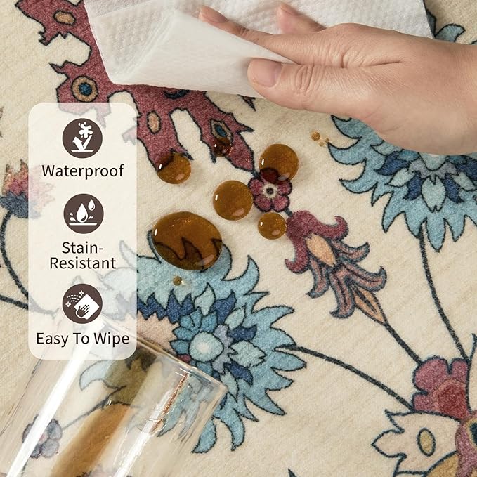 Pink Rug for Living Room Bedroom, Floral 4x6 Washable Rug,Vintage Boho Area Rug, Large Non Slip Flower Carpet for Indoor Dining Room,Girls Room,Nursery Room and Kids Room(Blush Pink 4x6ft)