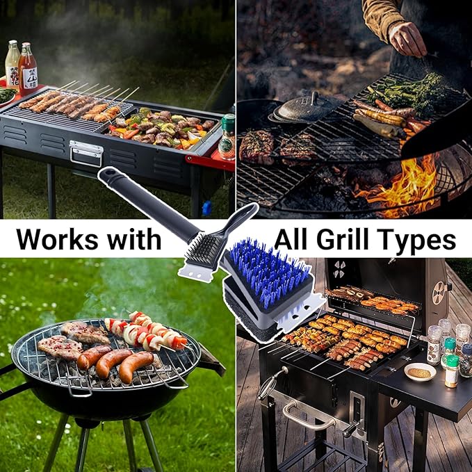 Nylon Grill Brush No Wire Bristle Barbecue Brush Grill Cleaning Kit, Safe Grill Scraper Brush for Outdoor Grill Cleaner with Hole, BBQ Brush Accessories Clean Cool Grates, Gift for Men/Dad 2-Piece Set