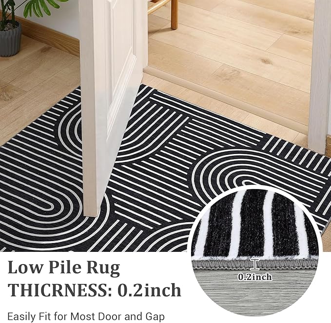 Washable Rug 6ft Area Rugs for Living Room, Abstract Rug for Bedroom, Soft Rainbow Non Slip Throw Rugs with Rubber Back, Low Pile Stain Resistant Boho Geometric Carpet for Dining Room,Black