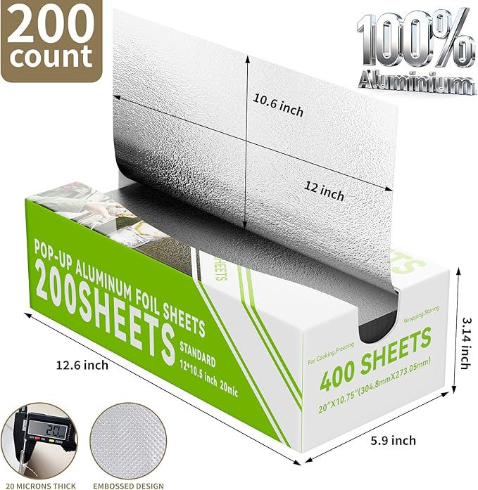 Aluminum Foil Sheets - 200 Count Pre Cut Tinfoil, 12" x 10.6" Inch Pre Cut Foil Sheets for Food, Hot Dog or Sandwich Wrap, Food Storage, Baking, Catering, Restaurant, Kitchen Use
