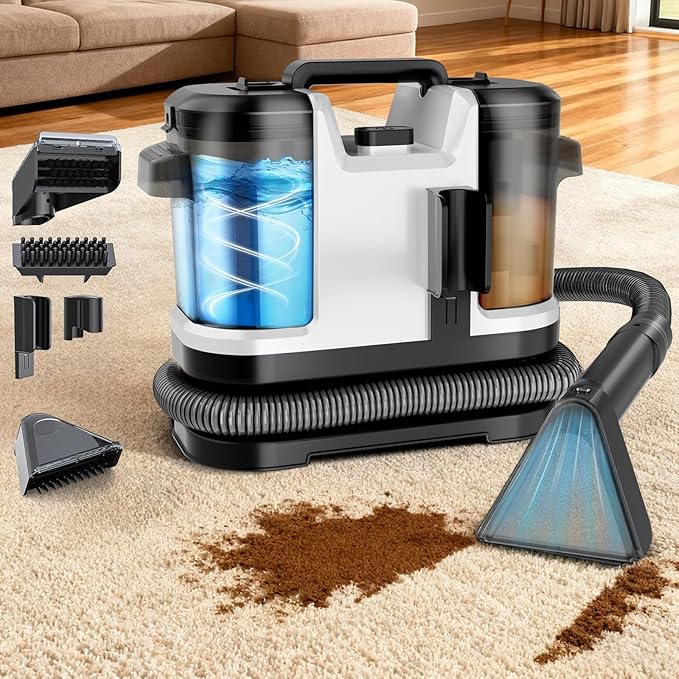 Portable Carpet & Upholstery Cleaner Machine, Handheld Spot Cleaner with Dual Brush, 18KPa Suction, Large Removable Tank for Couch, Car, Stairs, Rugs & Pet Stains,White