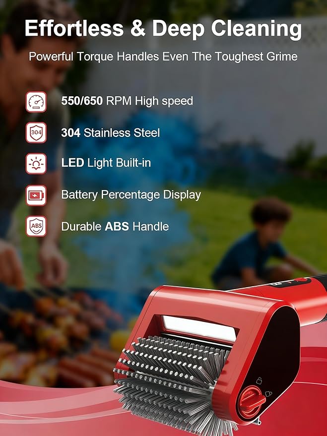Electric Grill Brush with LED Light, 650 RPM High-Speed Non-Shedding Spinning Cleaner, Removable Washable Brush Head and 2 Scouring Pads, Rechargeable BBQ Cleaning Tool for Outdoor Grilling & Camping
