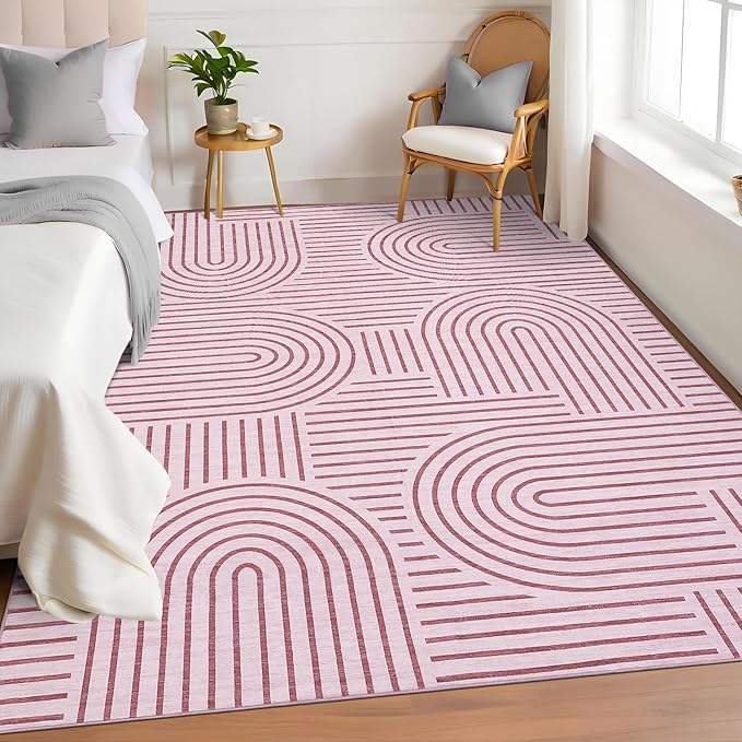 Washable Rug 5x7 Area Rugs for Living Room, Abstract Rug for Bedroom, Soft Rainbow Non Slip Throw Rugs with Rubber Back, Low Pile Stain Resistant Boho Geometric Carpet for Dining Room, Pink