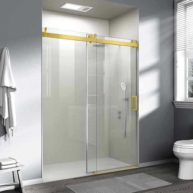 Abruzzo 56"-60" x76" Frameless Shower Door Gold - Soft-Close Sliding Enclosure with 6mm Explosion-Proof Glass, Adjustable Reversible Design for Modern Bathrooms