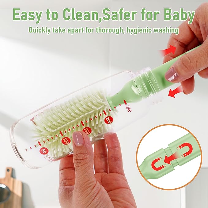 Baby Bottle Brush Set with Drying Rack, Portable Silicone Bottle Cleaner Kit for Bottles, Nipples and Straws, Travel Storage Box for Home and On-The-Go Use（Green）