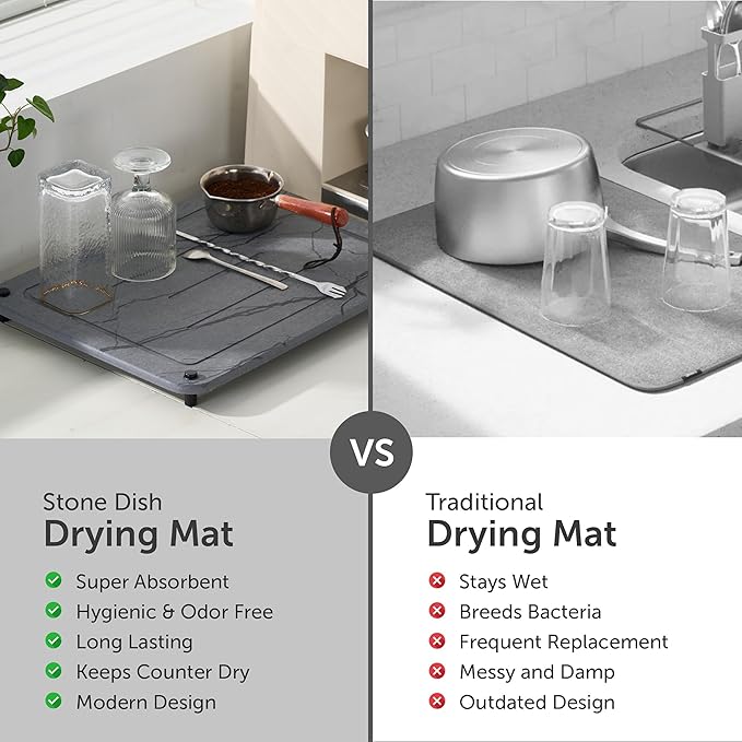 Stone Drying Mat for Kitchen Counter + Sink Caddy | 15.7"x11.8" Diatomaceous Earth Drying Mat with Stainless Steel Feet | Heat Resistant to 450°F | Eco-Friendly & Multipurpose Drying Mat