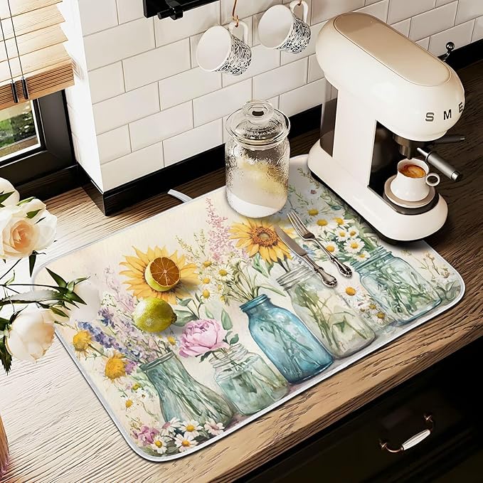 Spring Summer Floral Jars Flowers Dish Drying Mat for Kitchen Counter Absorbent Microfiber Large Drying Pad Dish mats for Kitchen Countertops 18 x 24 Inch