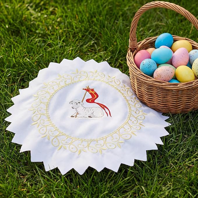 Polish Traditional Easter Embroidered Basket Cover Table Decoration Easter Religious Gift 13" Round Embroidered Cloth with Lamb Carrying Cross Flag for Meal Blessed Catholic Church Altar