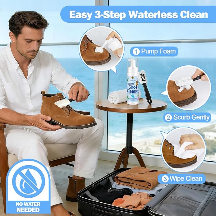 Suede Shoe Cleaner Kit - 200ml (6.76oz) Professional Suede & Nubuck Cleaner with Specialized Brush & Microfiber Towel - Waterless Cleaning Solution for Boots, Sneakers, Handbags and Jackets