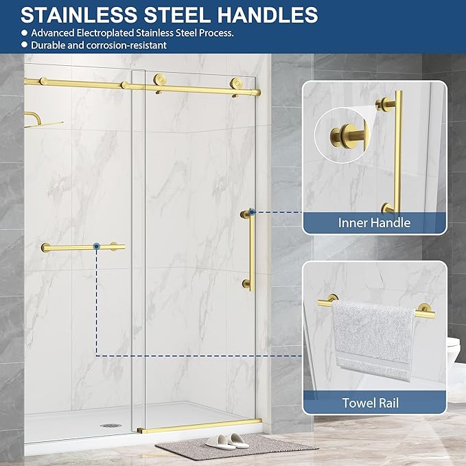 Frameless Shower Door,5/16" (8mm) Glass Sliding Shower Door with Soft-Close & Anti-Leak,Nano Coating Anti-Explosion Film SGCC Tempered Glass 55"-60" X 76"H,Brushed Gold