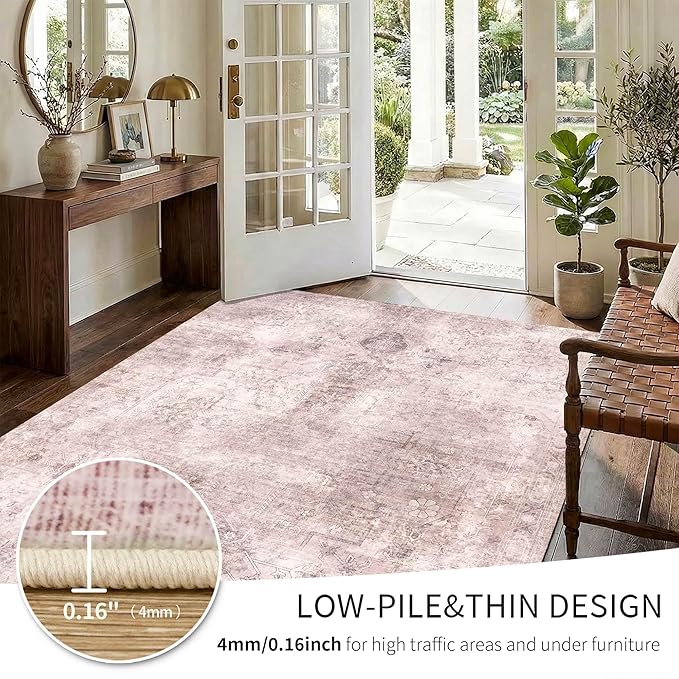 Small 2x3 Entryway Pink Rug, Vintage Area Rugs For Entry Door Entrance Kitchen, Bedroom, Laundry, Washable Indoor Hallway Distressed Throw Rug Doormat,Low Pile Carpets For Bathroom Dorm Office