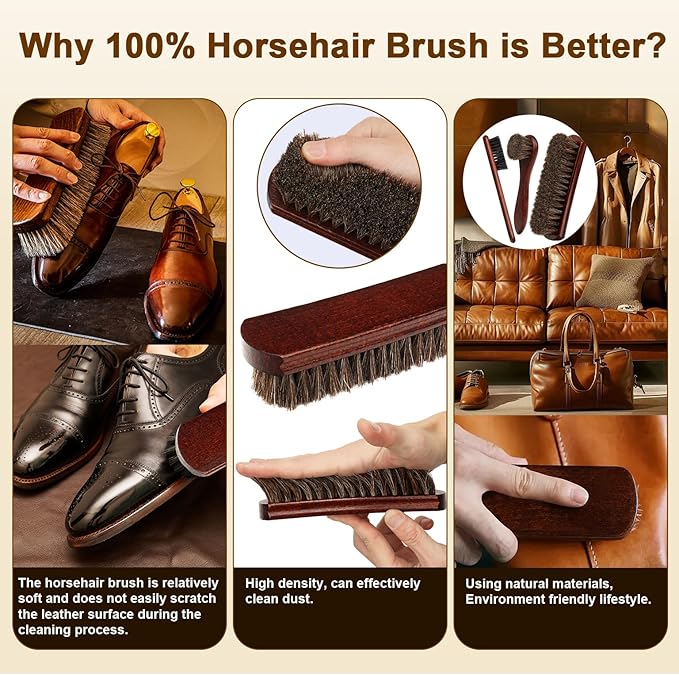 4-Piece 100% Horse Hair Shoe Brush Kit for Leather Care – Professional Dauber Applicators and Polishing Brushes with Cleaning Cloth for Leather Shoes, Boots, Bags, Jackets & Car Detailing