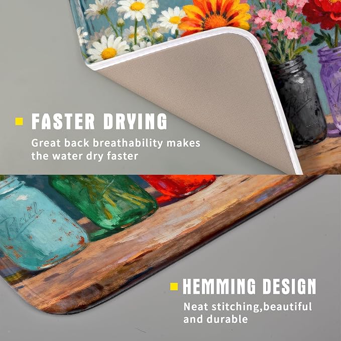 Spring Summer Floral Dish Drying Mat for Kitchen Counter 16x18 Flower Bottle Butterfly Woodgrain Seasonal Absorbent Reversible Microfiber Drying Mats Kitchen Countertop Protector Dishes Drainer Pad