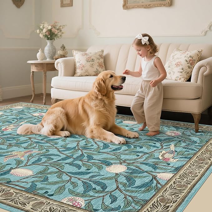 GarveeHome Boho Leaf Area Rugs 9x12 Living Room, Large Rugs for Living Room with Soft Low Pile, 9x12 Botanical Bird Washable Rug with Non-Slip Backing for Bedroom Dining Room Blue Carpet