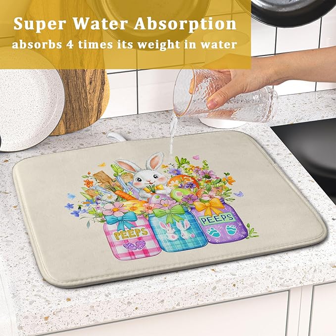 Easter Bunny Carrots Dish Drying Mat for Kitchen Counter,Spring Colorful Flowers Mason Jar Drying Mat 16 x 18 Inch with Absorbent Reversible Microfiber Drying Pad for Coffee Bar