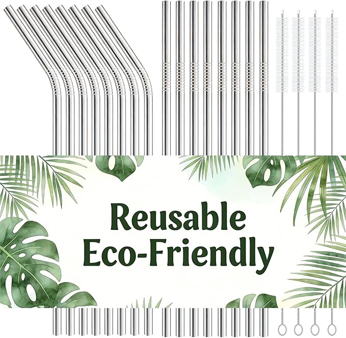 16-Pack Stainless Steel Straw,Reusable Straws – 8 Straight & 8 Bent (8.5 Inch) Metal Drinking Straws with 4 Cleaning Brushes,Replacement Straws,Dishwasher Safe,Ideal for Home,Travel
