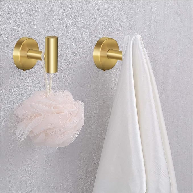 Towel Hooks Bathroom Coat Hooks Robe Hook Stainless Steel Heavy Duty Door Hanger Towel Robe Clothes Cabinet Closet Sponges Wall Hook for Bedroom Kitchen Hotel 4 Packs (Gold)