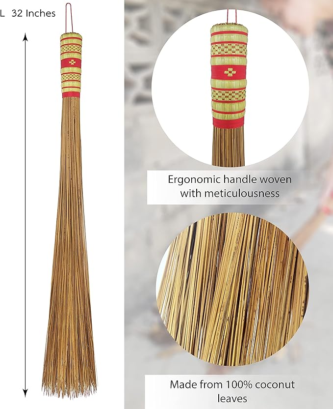 32 inch Multi-Surface Sturdy Outdoor Authentic Coconut Leaf Broom Asian Heavy Duty Broom Thai Natural Coconut Leaf Broom (Country Rustic) (1 Piece)