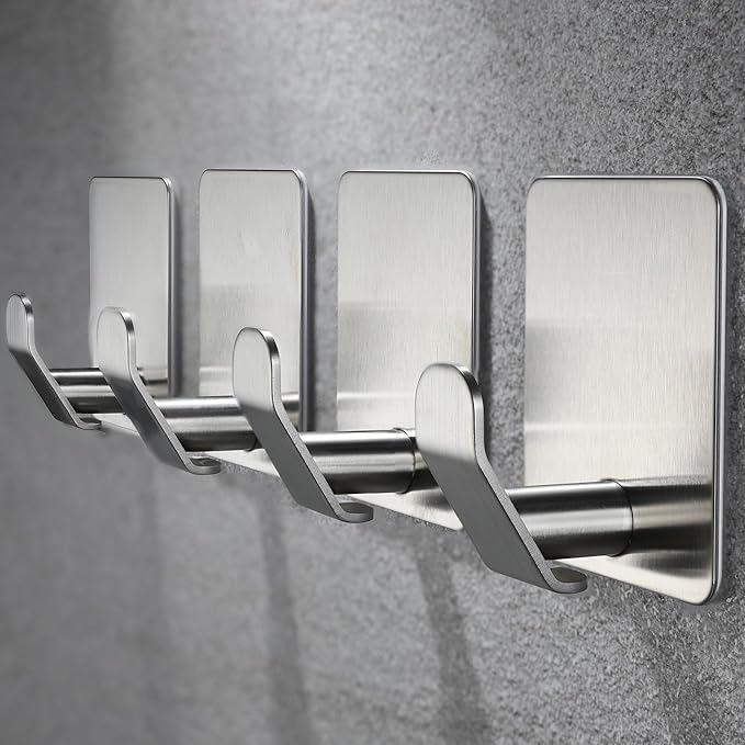 YIGII Adhesive Towel Hooks, Strong Stick on Bathroom Hooks for Robe and Coat, Stainless Steel Wall Hook for Kitchen and Bedroom, 4 Pack