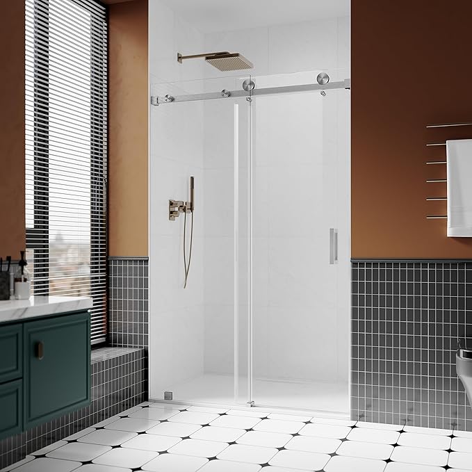 3/8" (10mm) Sliding Glass Shower Door, 50-55" W x 80" H Frameless Bathroom Door with Easy-Cleaning Coating,Brushed Nickel