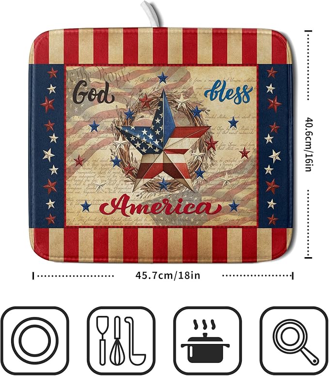 4th of July God Bless Dish Drying Mat for Kitchen Counter,American Flag Star Patriotic Independence Day Drying Mat 16 x 18 Inch with Absorbent Reversible Microfiber Drying Pad for Coffee Bar