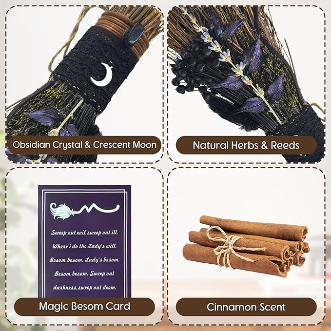 Cinnamon Broom 7.5 Inch Handmade Witch Broom for Altar Mini Cinnamon Broomstick Scented Natural Herbal Protection Magic Witchcraft Supplies for Halloween Wiccan Décor Witchy Gifts (Black)
