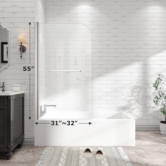 31"-32" W x 55" H Brushed Nickel Flexible 180° Pivot Shower Door Reversible Installation Frameless Bathtub Screen,6MM Tempered Glass with Nano Easy Cleaning and Stick Explosion-Proof Membrance