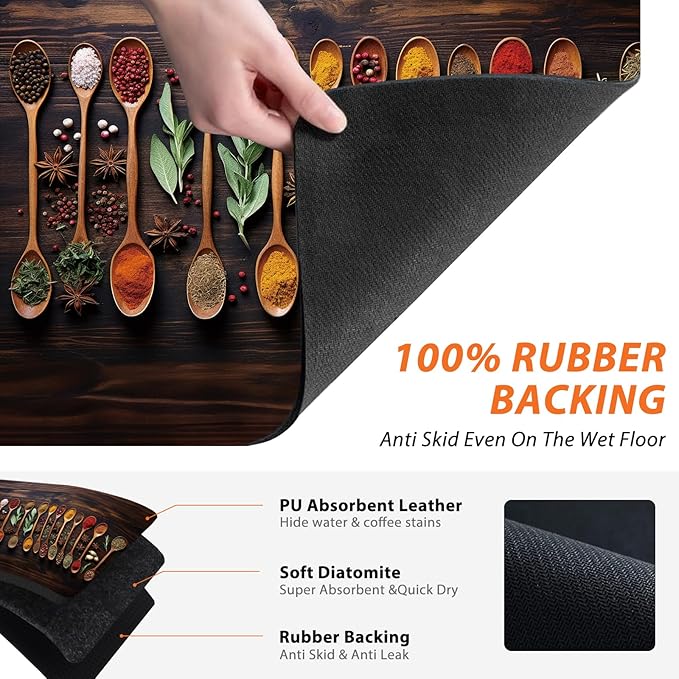 Kitchen Spices Dish Drying Mat - Delicious Spices Art Absorbent Dish Drying Mat for Kitchen Counter, Coffee Maker Bar Mat for Countertops, Dish Rack Drainer Mat,16x17.5 In,JL-GZD