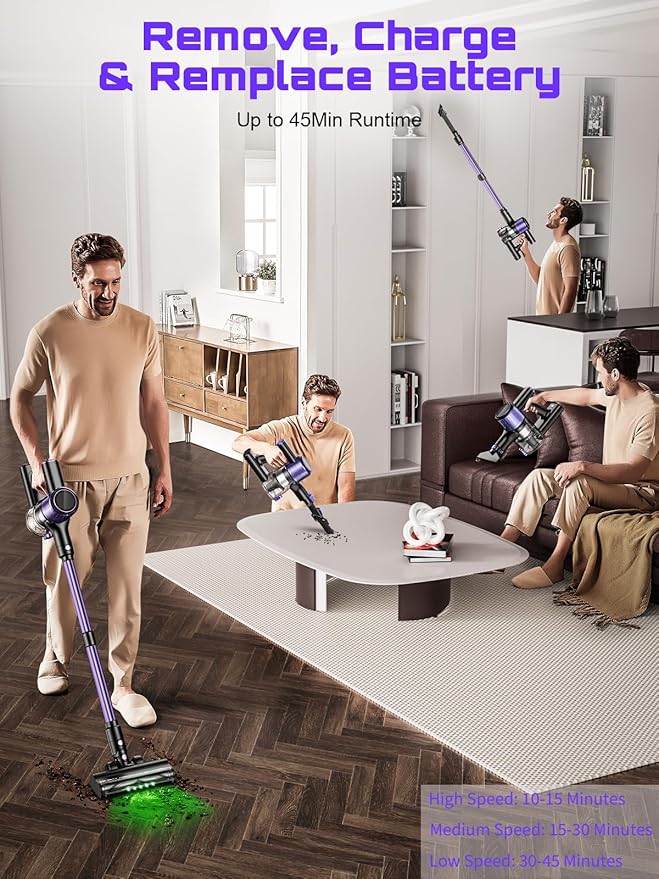 Cordless Vacuum Cleaner, 45KPA /10-in-1 Stick Vacuum with 29-inch Hose, 45Mins Runtime Vacuum Cleaners for Home, Anti-Tangle Brush, Lightweight Rechargeable Vacuum for Hardwood Floor (Purple)