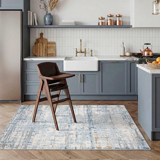 3x5 Washable Entryway Rug, Non Slip Boho Runner Rugs for Hallway, Entrance, Kitchen, Bathroom, Laundry Room, Soft Entryway Carpet, Throw Low Pile Retro Imitation Wool Carpet, Blue Beige