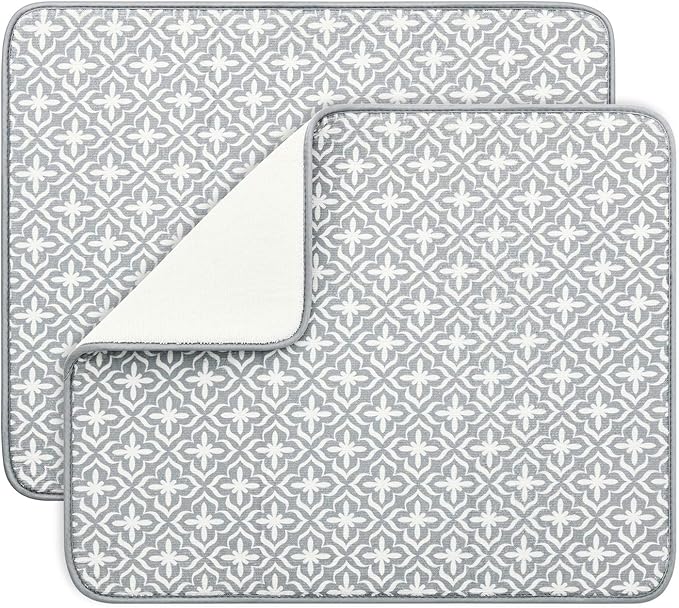 SUBEKYU Dish Drying Mats for Kitchen Counter, Microfiber Absorbent Dish Drainer/Rack Pads for Sink, 19.5*15.8 inch, Set of 2, Grey, leaf