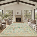 Floral Rug for Living Room Bedroom, 8x10 Washable Rug, Green Vintage Boho Area Rug, Large Non Slip Low Pile Wool Carpet for Indoor Dining Room,Girls Room,Nursery Room and Kids Room(Green 8x10)